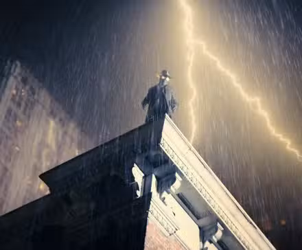 O Aranha (Nic Cage) está em um telhado com iluminação atrás dele em Spider-Noir