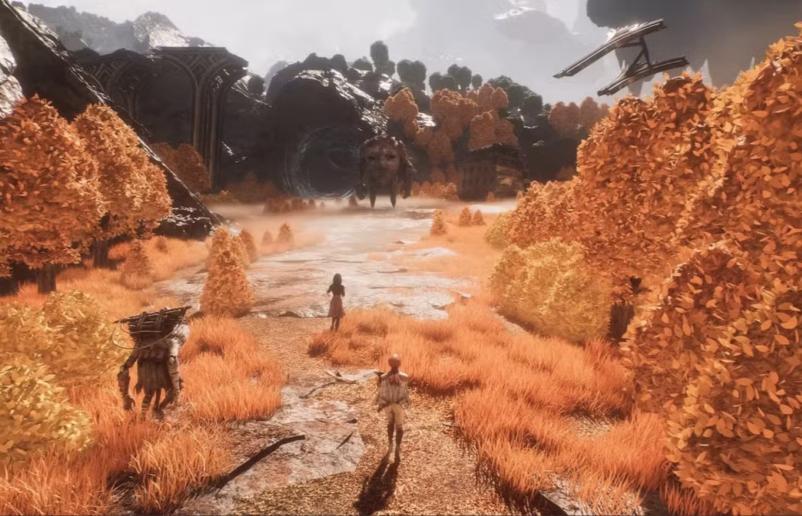 Explorando uma floresta de laranjeiras no mundo superior da Expedição Clair Obscur 33.