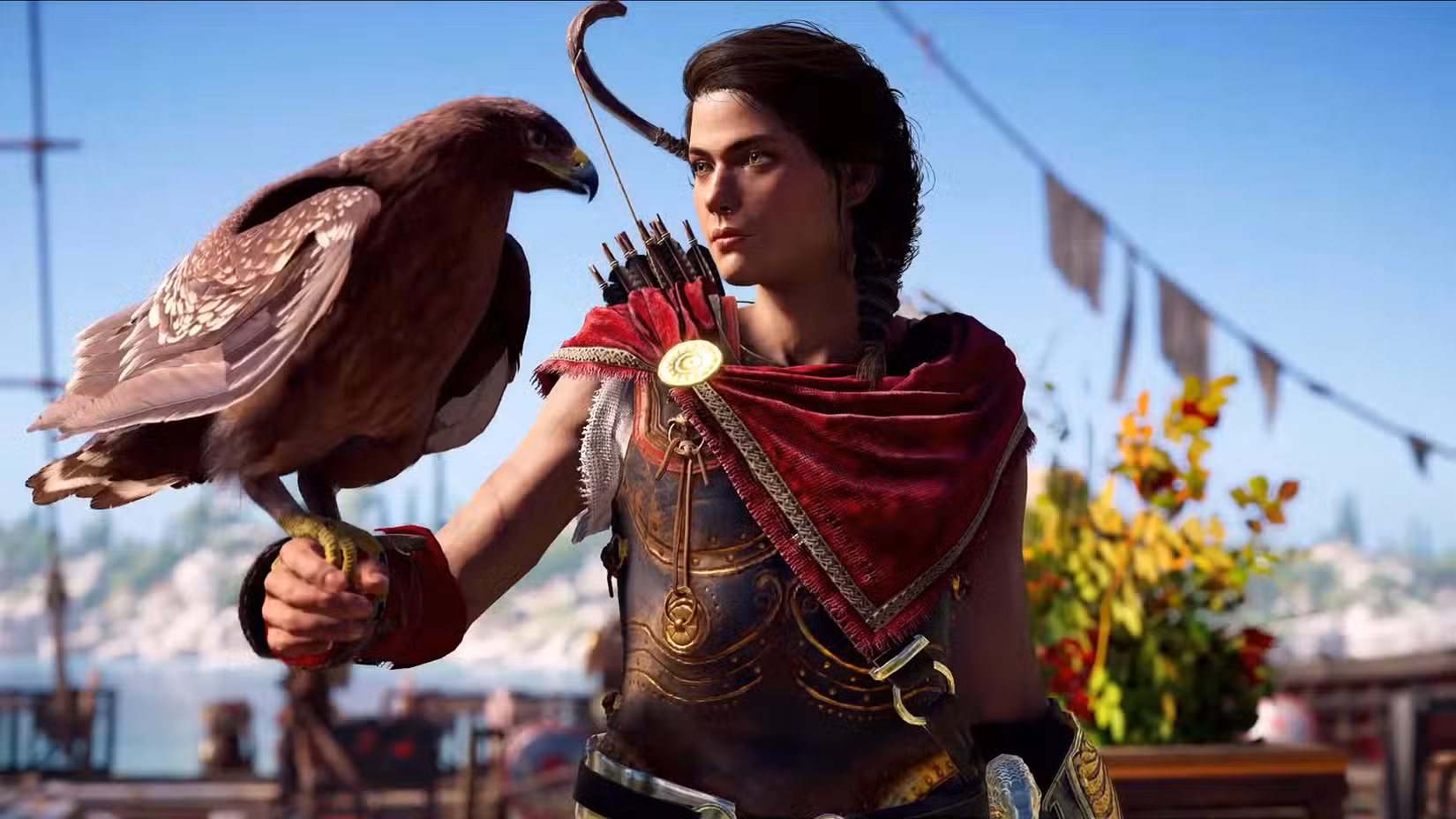 Kassandra, de Assassin's Creed Odyssey, cumprimenta sua águia, que pousa em uma manopla em seu pulso direito.