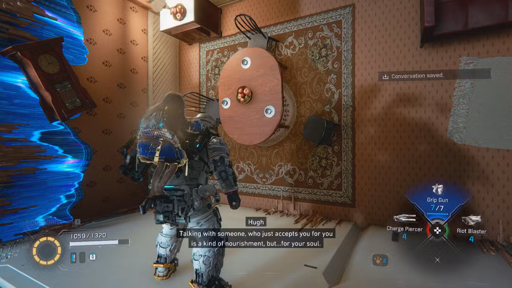 Hugh em Pragmata dizendo a Diana: "Conversar com alguém que apenas te aceita pelo que você é é uma espécie de alimento, mas para a sua alma"