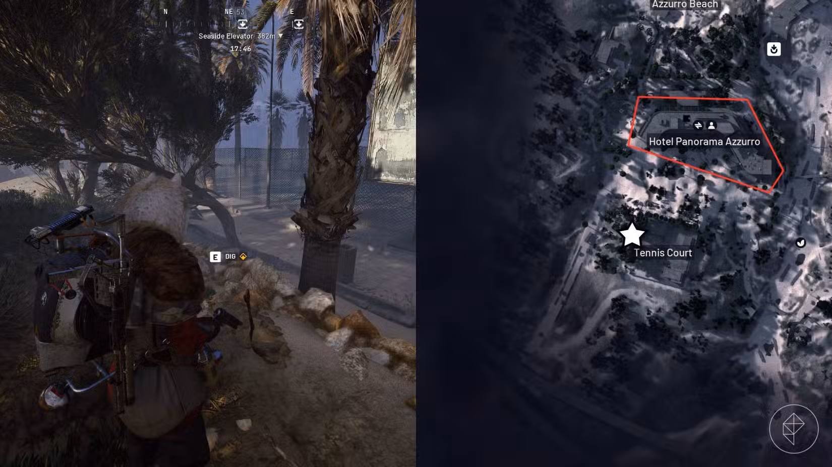 O lado esquerdo da imagem mostra o jogador em frente ao objetivo em Arc Raiders, enquanto o lado direito da imagem mostra o local marcado no mapa do jogo com uma estrela.