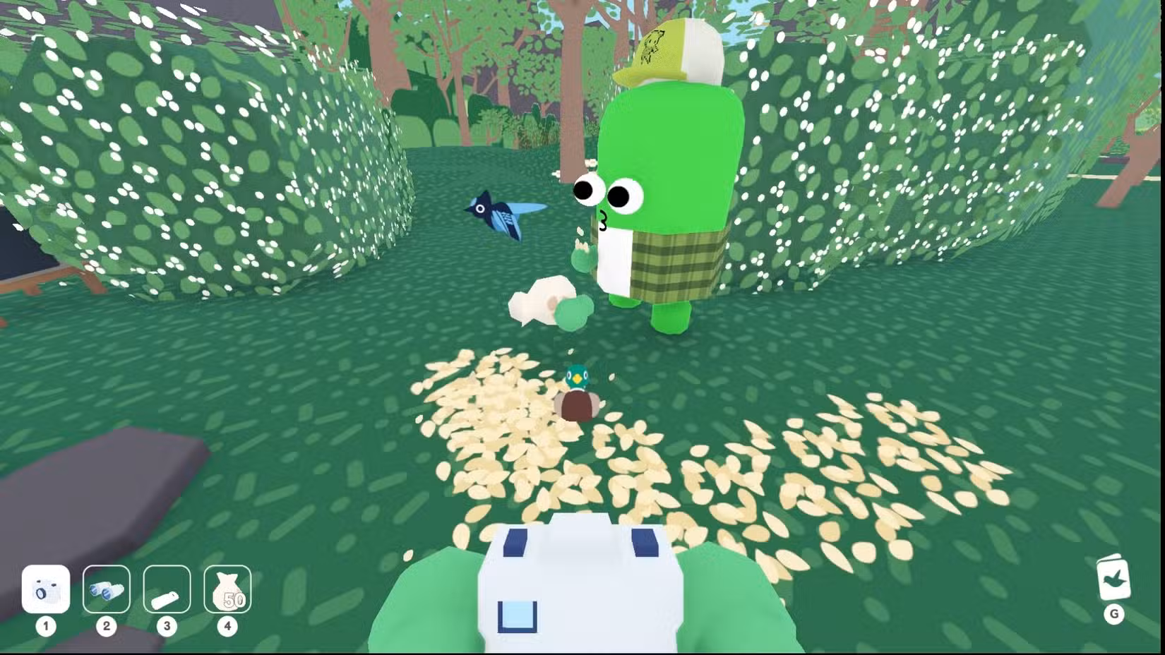 Dois amigos ficam perto dos pássaros em Flock Around.