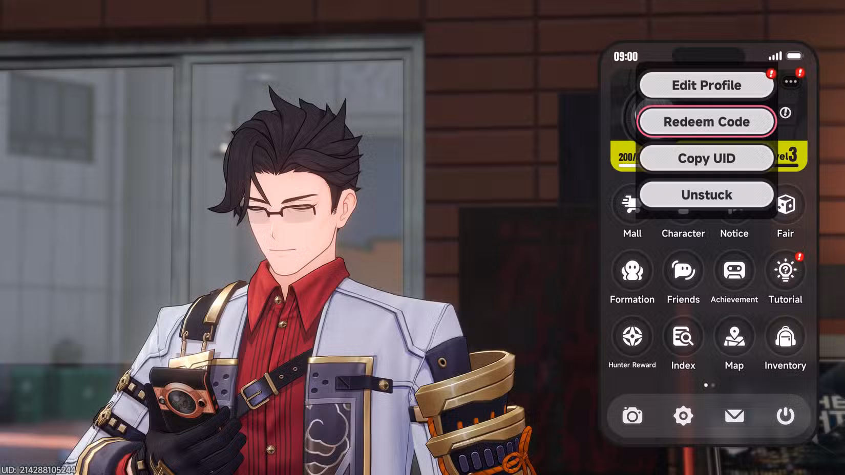 Adler em Neverness to Everness, e ao lado dele está o menu de resgate de código