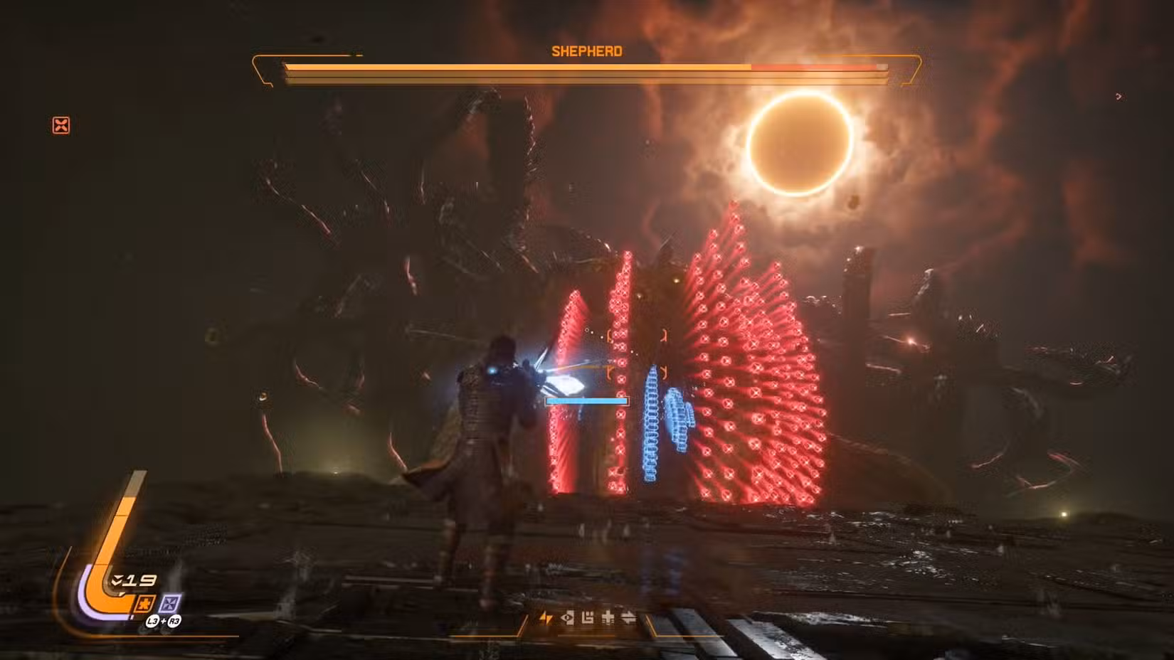 Uma captura de tela de Saros mostrando a primeira fase da luta contra o chefe Shepherd