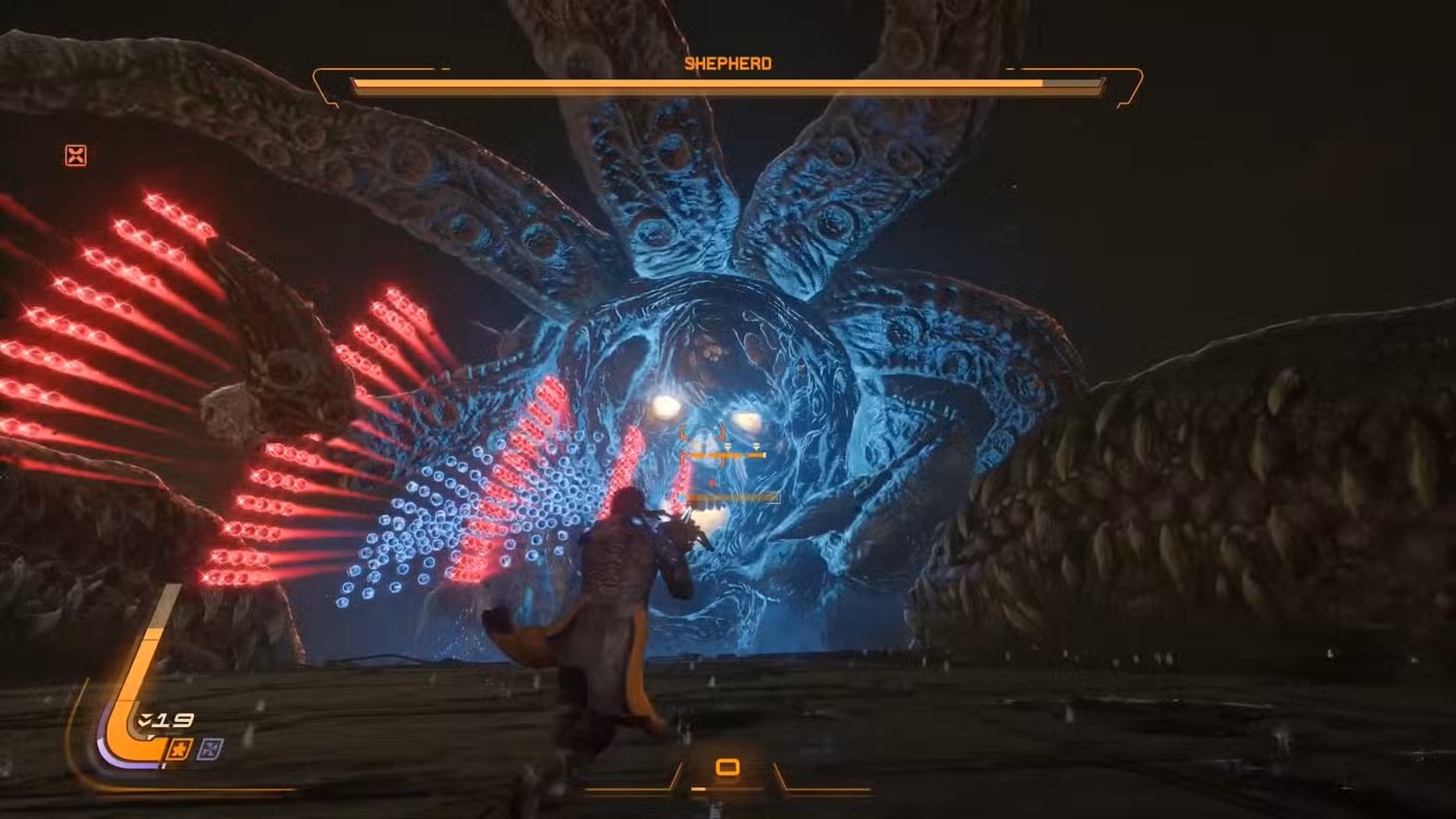 Uma captura de tela de Saros mostrando a segunda fase da luta contra o chefe Shepherd