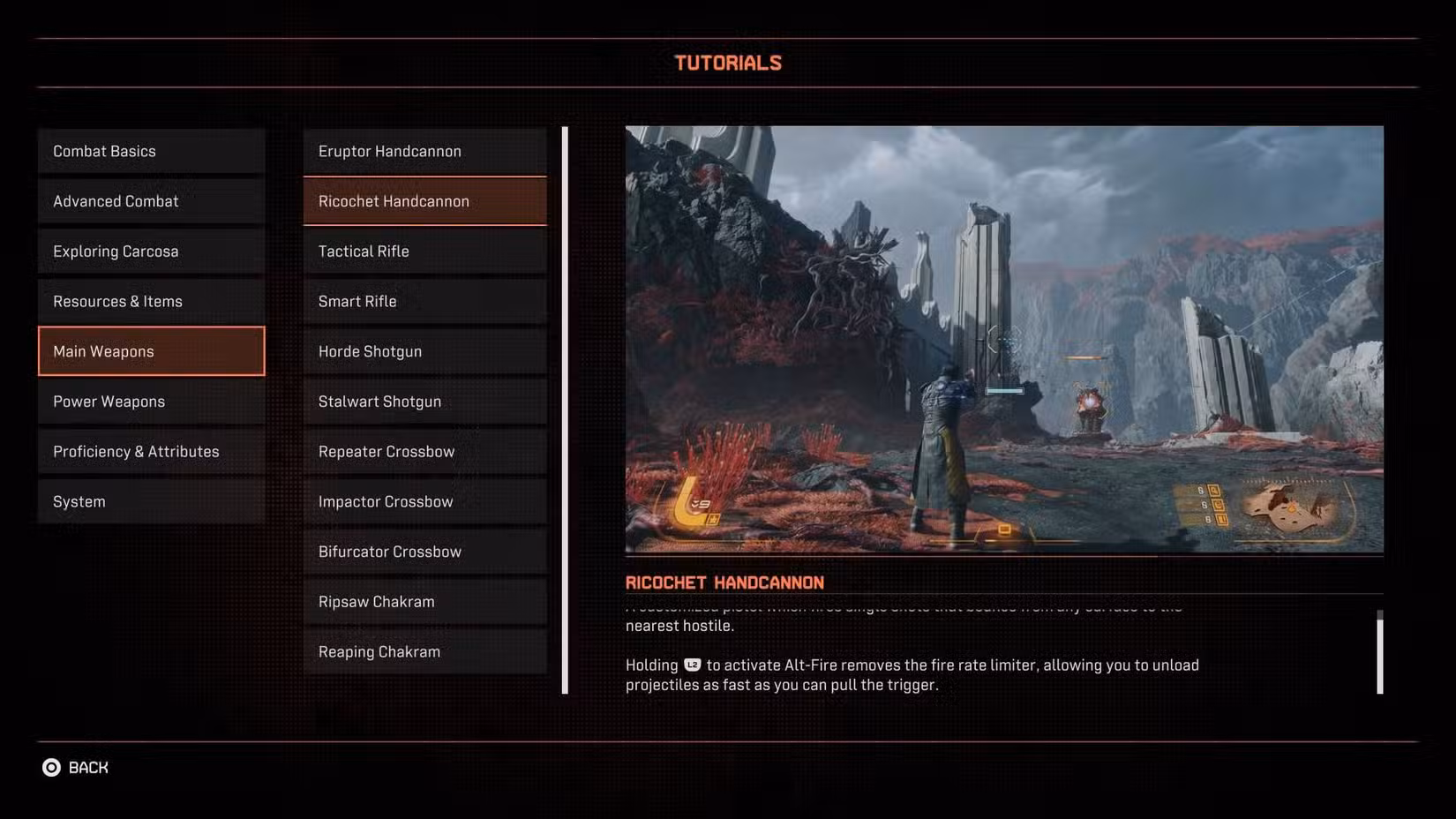 A tela do tutorial Ricochet Handcannon em Saros.