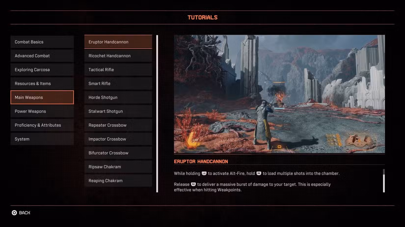 A tela do tutorial do Eruptor Handcannon em Saros.
