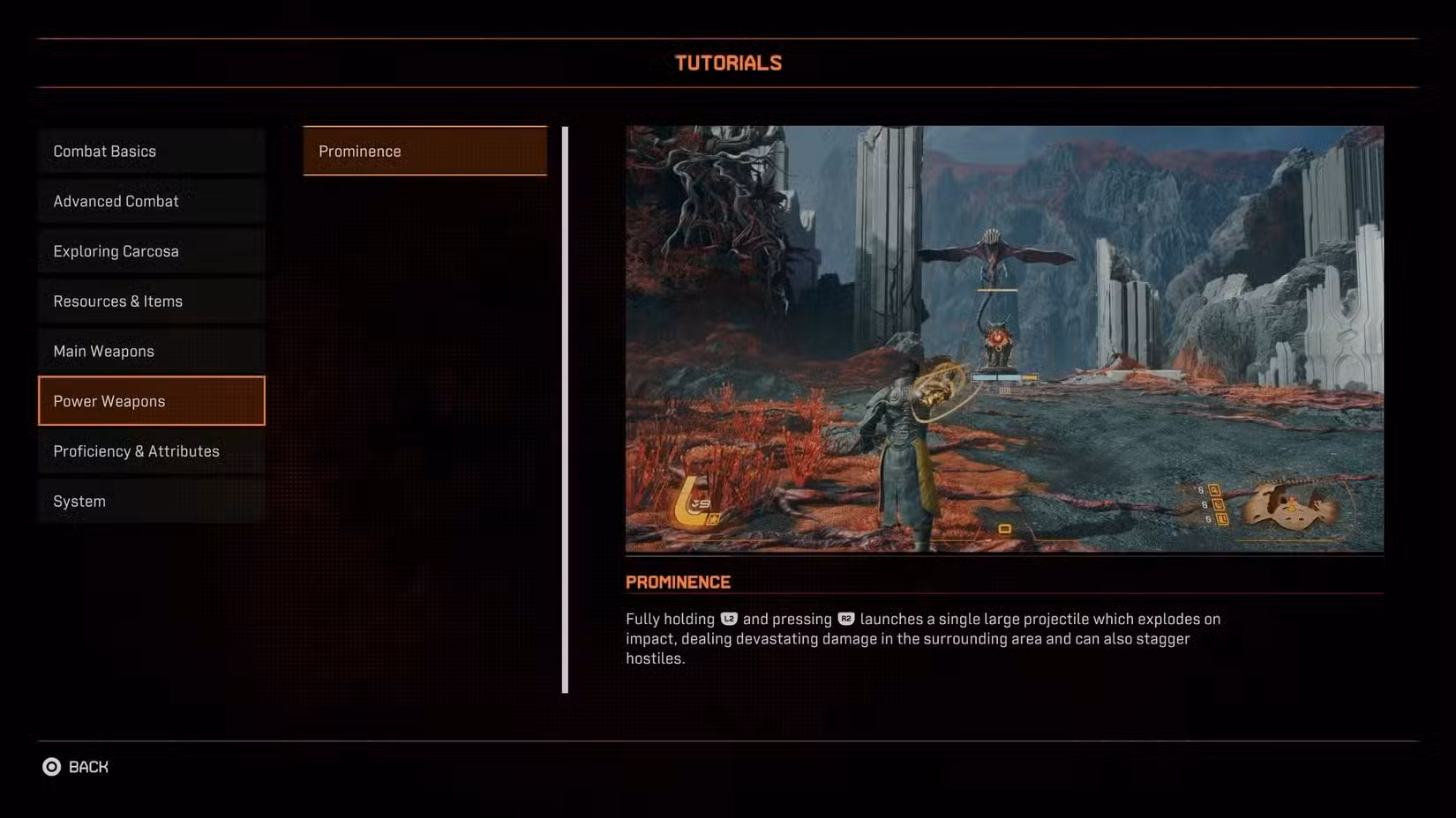 A tela do tutorial da arma poderosa Prominence em Saros.