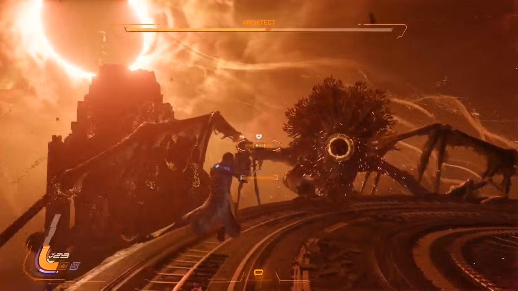 Uma captura de tela de Saros mostrando o Arquiteto segurando na lateral da arena