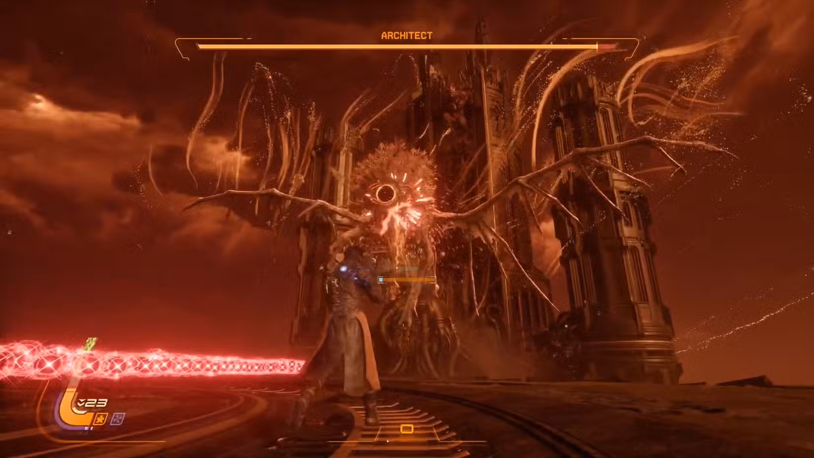 Uma captura de tela de Saros mostrando o Arquiteto em frente a um prédio antigo no topo da Fortaleza Profanada