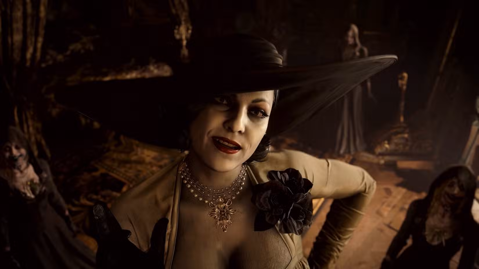 Lady D olha para o jogador em Resident Evil Village