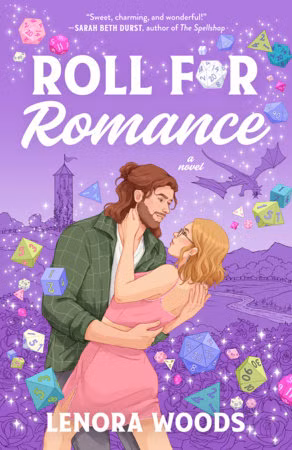 A capa de um livro retratando um homem bonito segurando uma linda mulher. Eles estão rodeados por dados multicoloridos usados ​​para jogos.