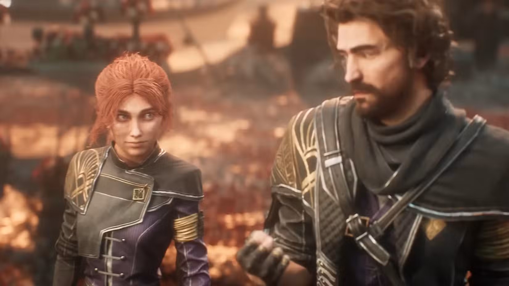 Dois personagens de Clair Obscur: Expedition 33 estão em folhas vermelhas e olham um para o outro com segurança