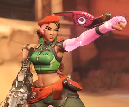 Sierra de Overwatch posando com seu drone Dorothy