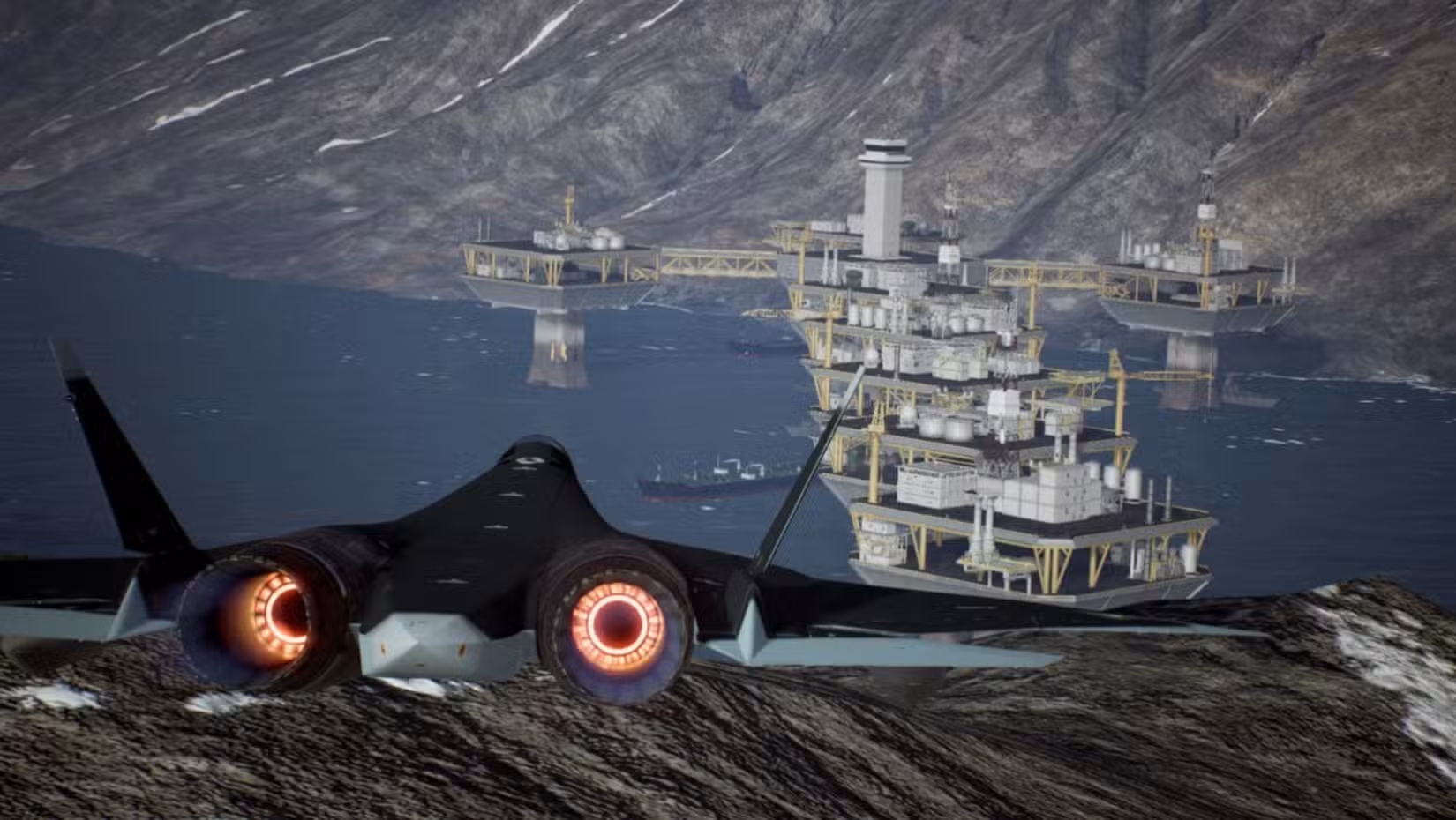 Imagem do Ace Combat 7 Mission 11 enquanto um caça se aproxima de um grupo de plataformas de petróleo. 