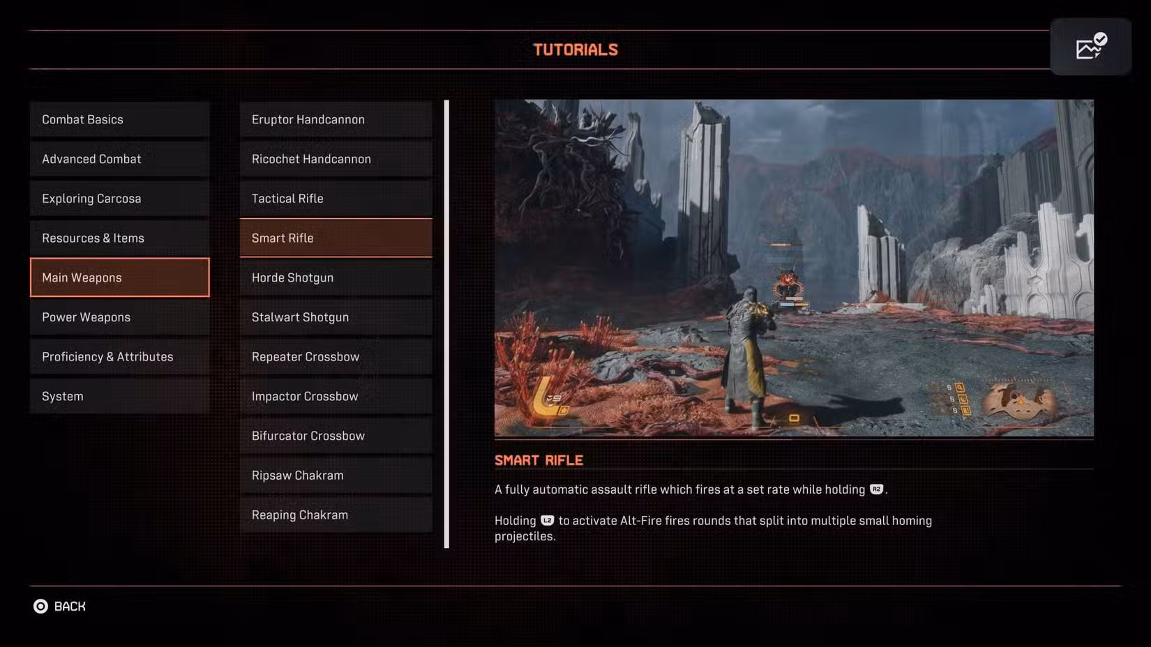 A tela do tutorial do Smart Rifle em Saros.