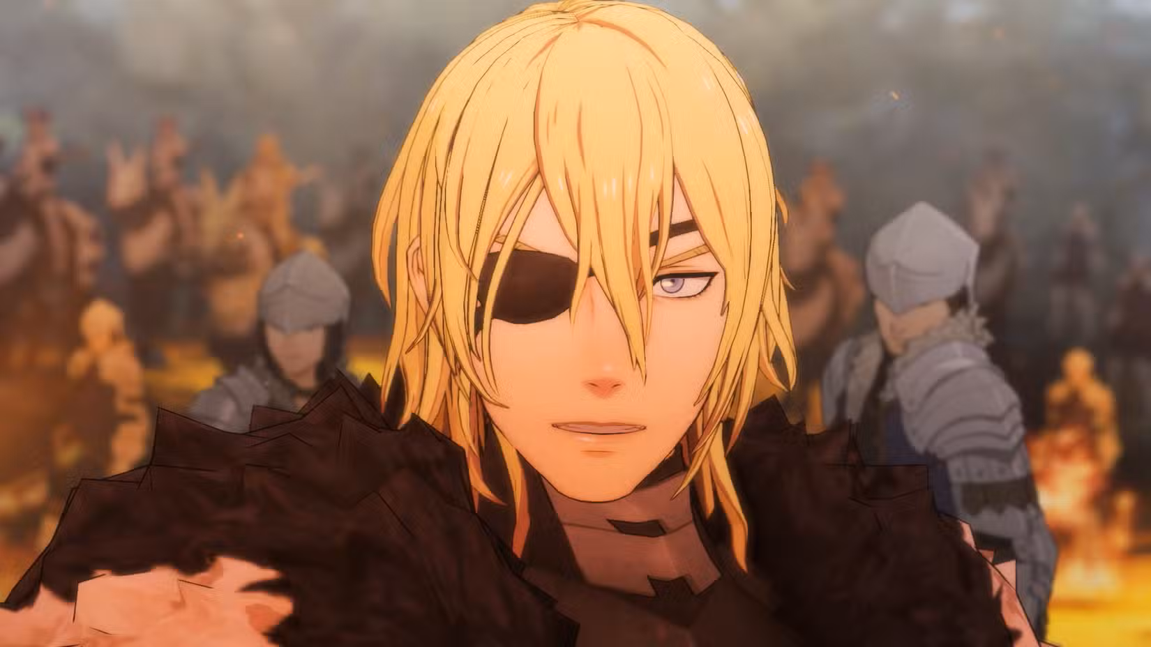um homem com tapa-olho em um campo de batalha em Fire Emblem: Three Houses