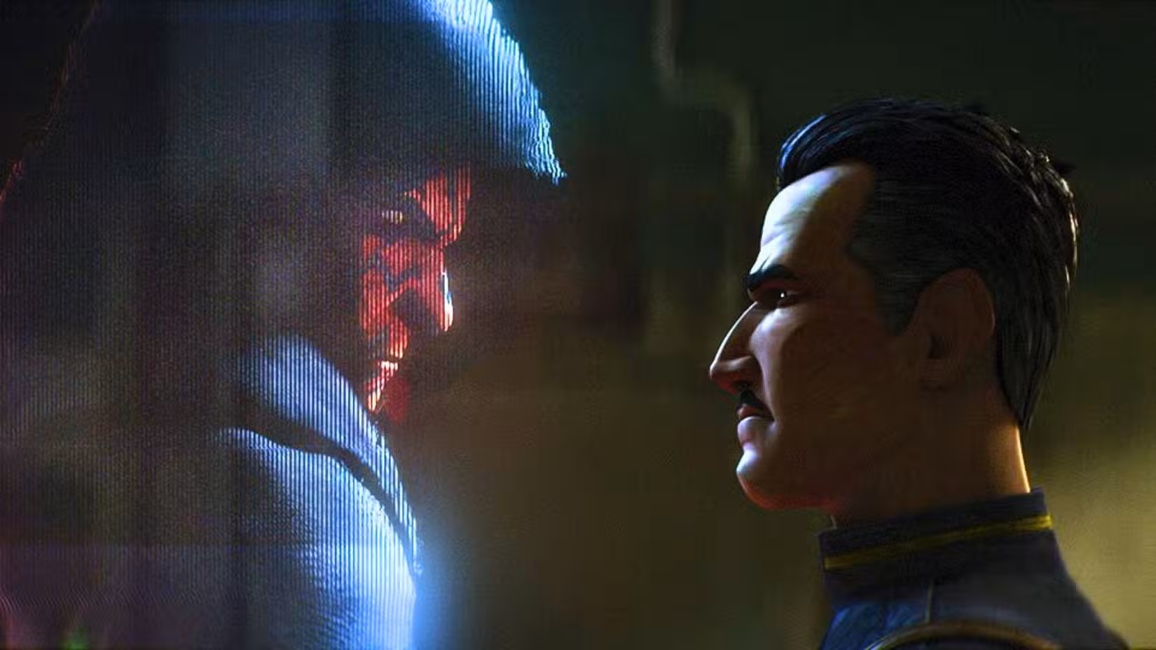 Uma imagem de Maul: Shadow Lord. Mostra Brander Lawson olhando para um holograma de Maul com desgosto nos olhos.