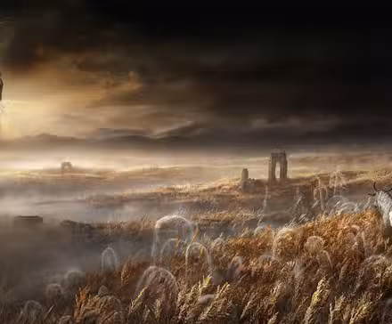 Obra de arte de Elden Ring: Shadow of the Erdtree, mostrando Miquella cavalgando nas costas de um corcel semelhante a Torrent em um campo de grama, enfrentando um Erdtree murcho e choroso