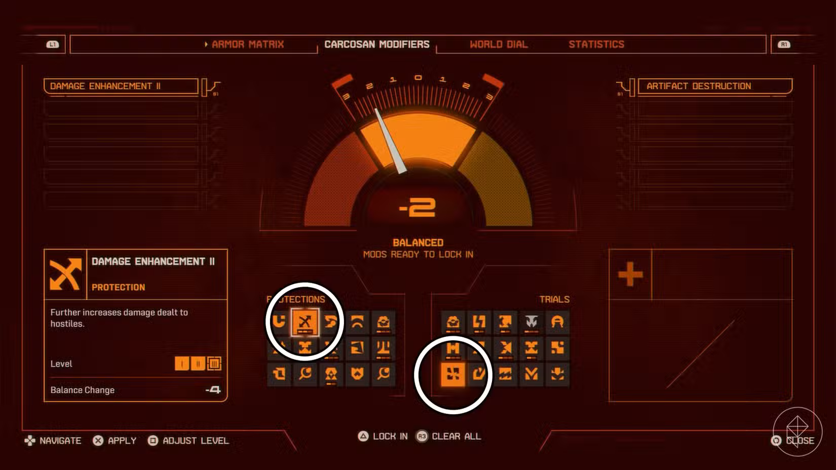 A tela do Modificador Carcosan de Saros com dois modificadores circulados.