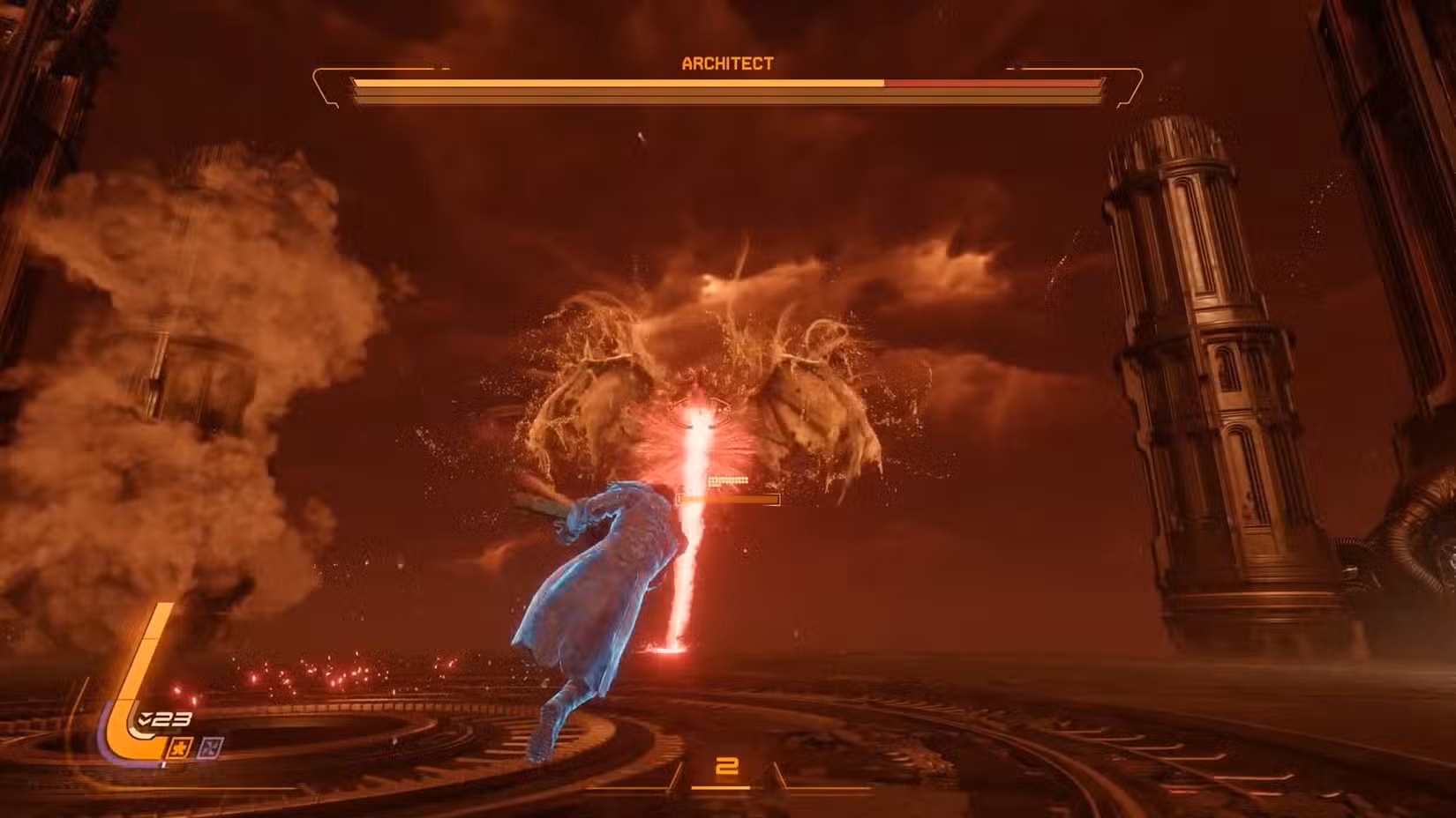 Uma captura de tela de Saros mostrando o chefe Arquiteto disparando um laser Nova