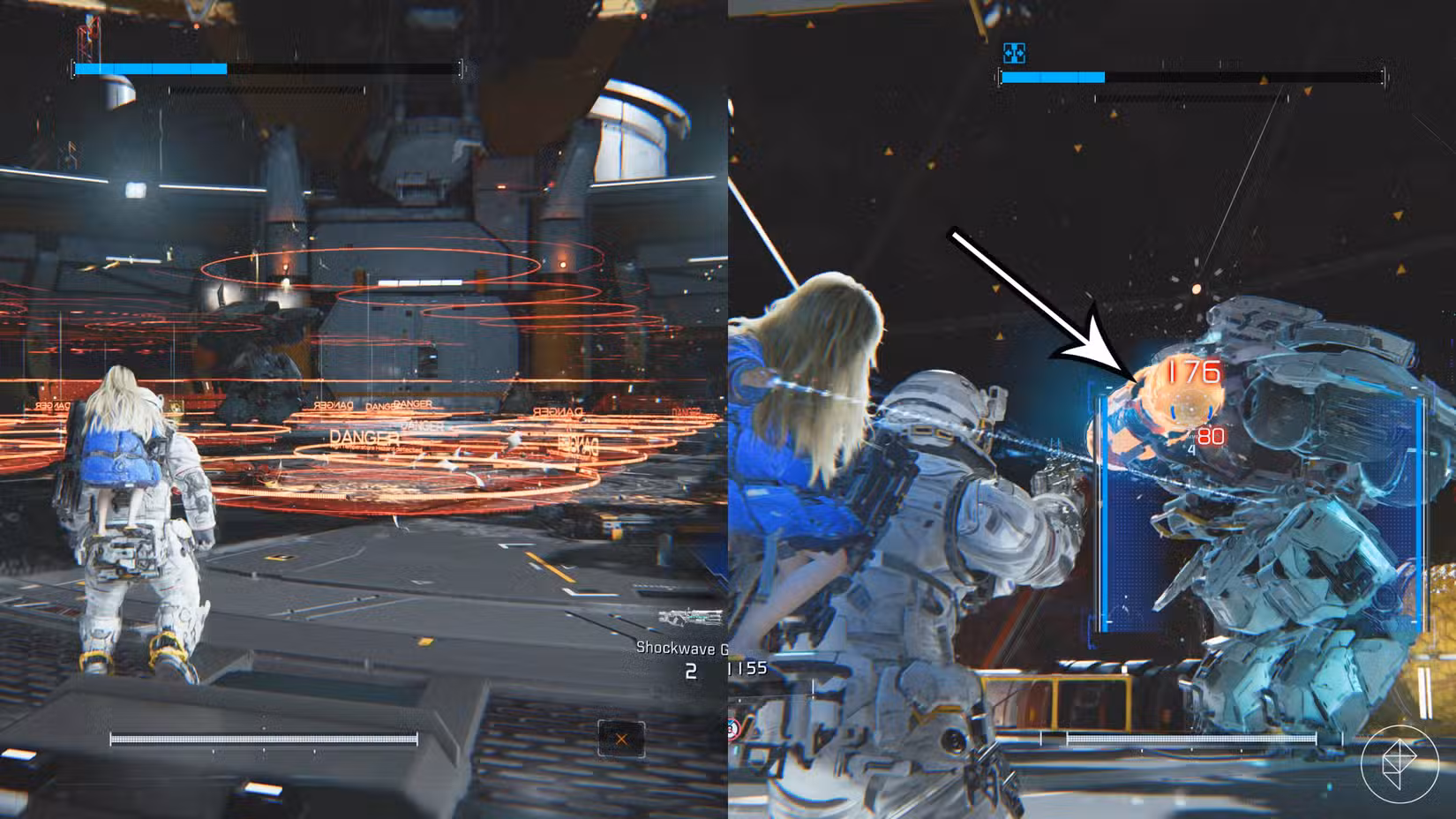 Esta imagem mostra o ataque de mísseis do Pragmata SectorGuard à esquerda e seu ponto fraco à direita.