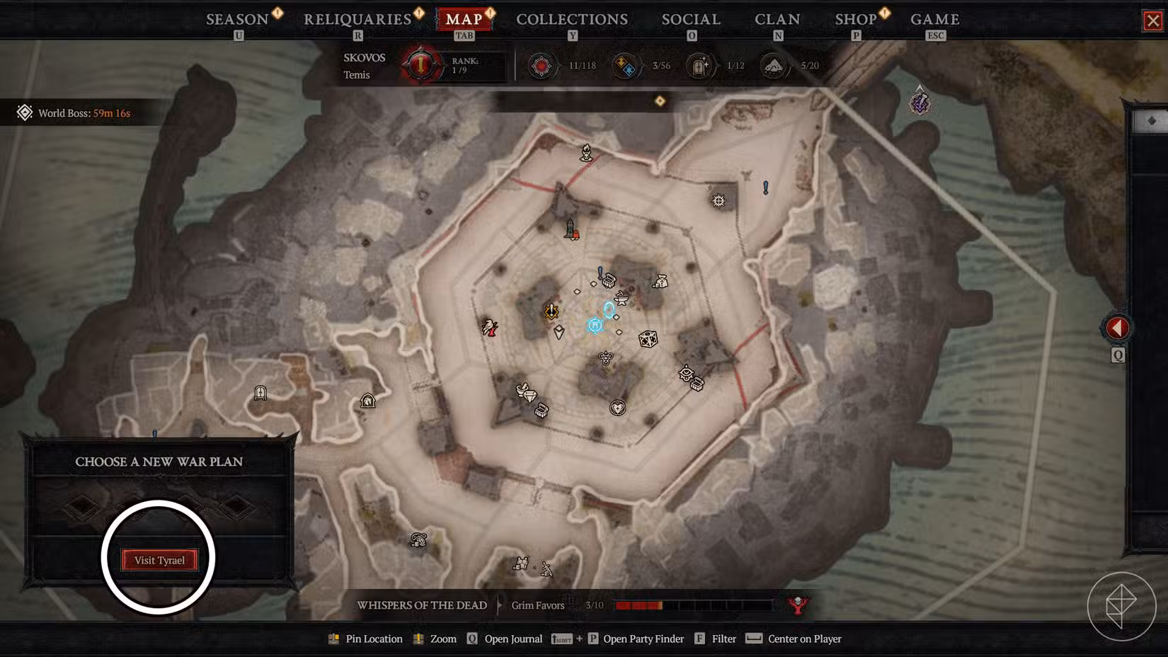 Uma captura de tela do Diablo 4 mostrando o menu do mapa e onde o botão Visitar Tyrael está localizado