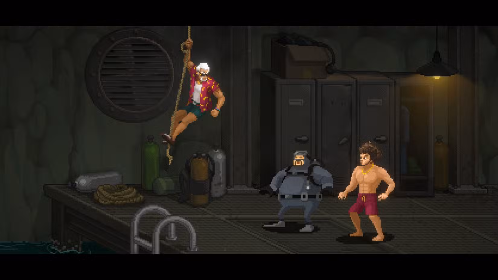 Cobra desce uma corda enquanto Dave e Ichiban Kasuga assistem Dave the Diver