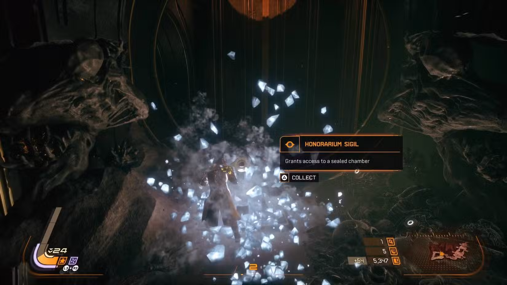 O jogador em Saros em frente a um Sigilo Honorário.