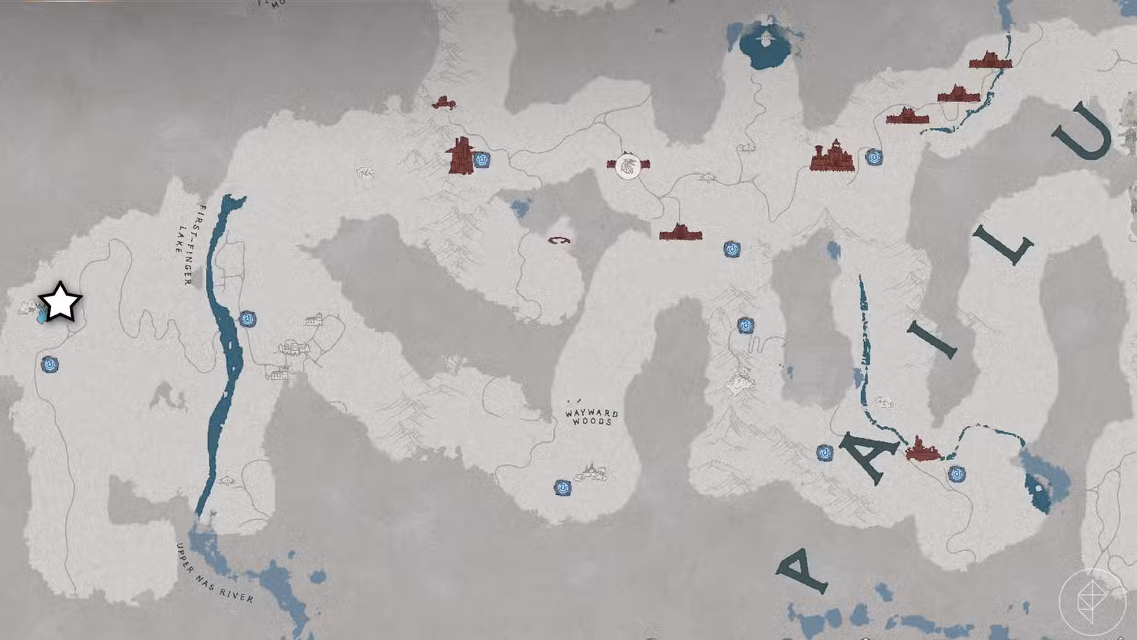 Uma imagem do Crimson Desert mostrando o mapa do jogo com a localização da Chillfallen Sword