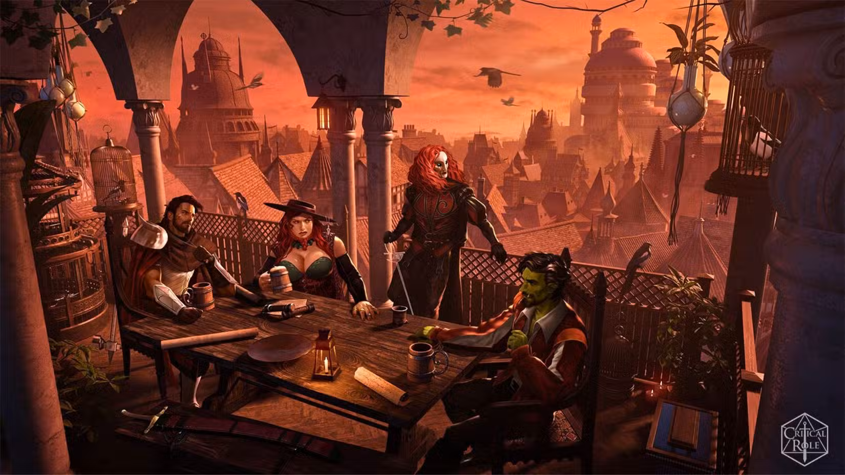Uma imagem da arte oficial da Critical Role. Apresenta os Schemers, como Azune Nayar, Murray Mag'nesson, Bolaire Lothalia e Hal Fang, sentados a uma mesa. A cidade de Dol-Makjar é o seu pano de fundo.