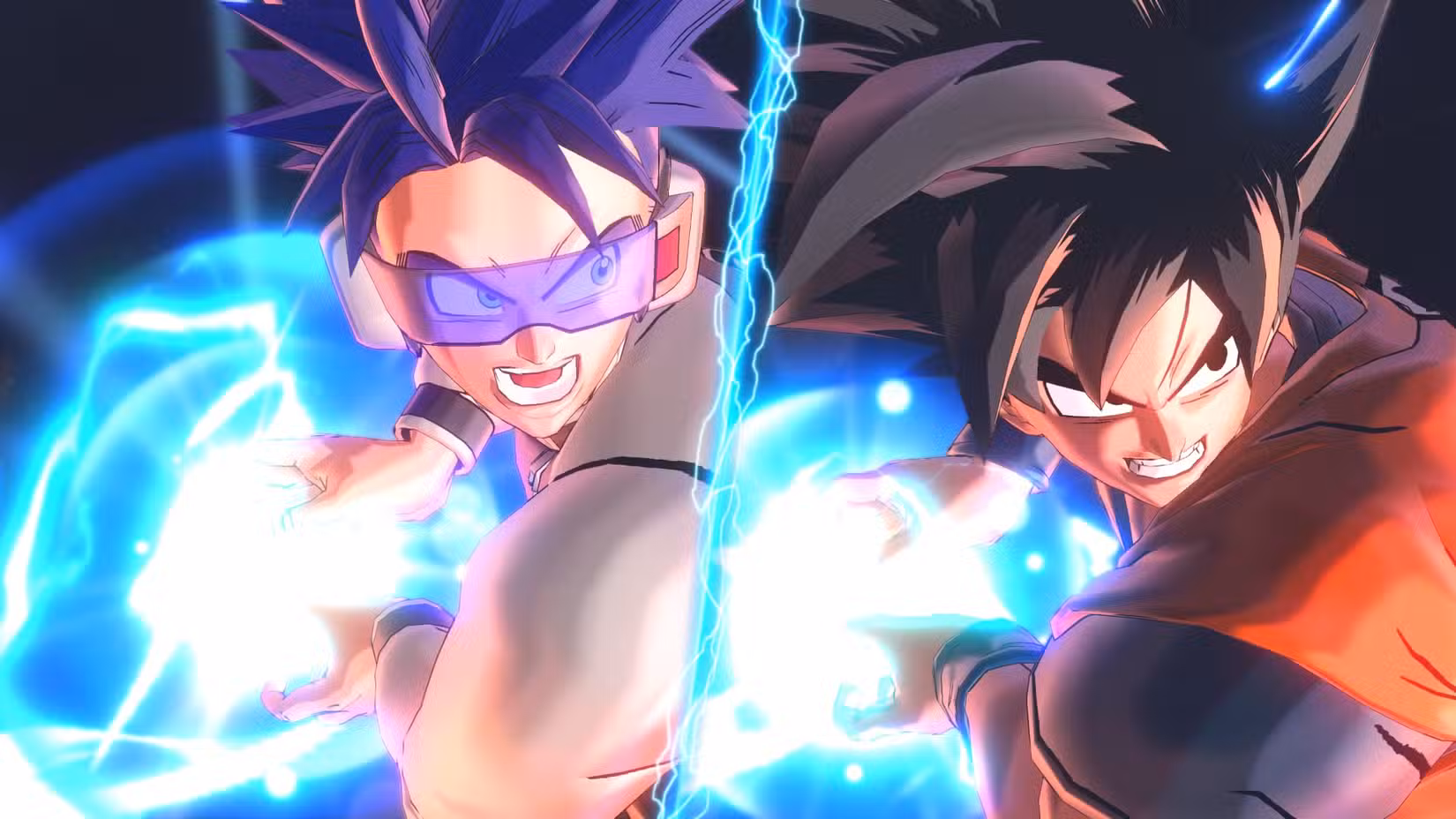 Um personagem personalizado e Goku lado a lado em uma imagem de Dragon Ball XenoVerse 2.