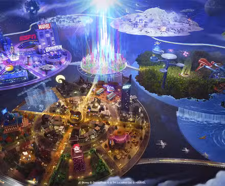 Uma imagem do que parecem ser vários parques temáticos Fortnite em torno de um feixe de luz central.