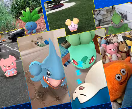 Uma grade com diferentes fotos tiradas no Pokémon Go