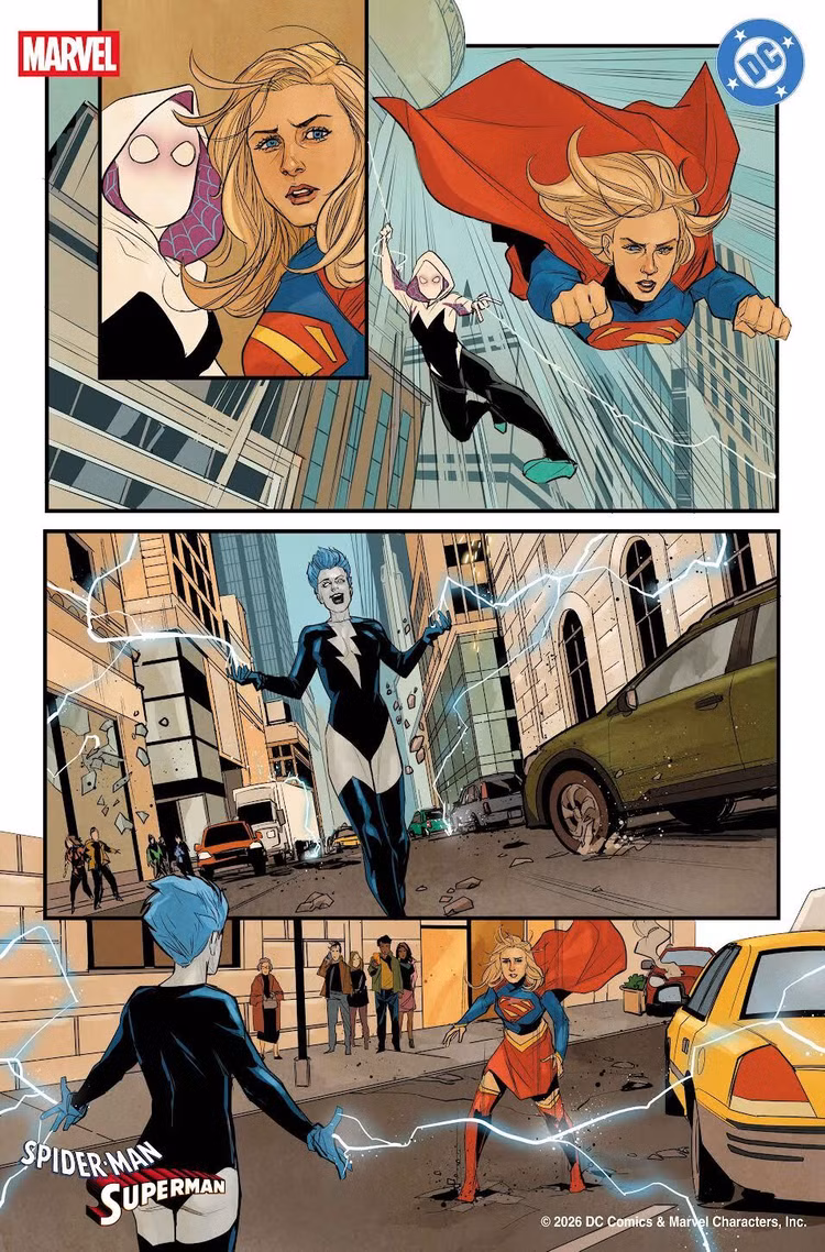 Ghost Spider e Supergirl confrontando o vilão Livewire em uma página exclusiva do crossover Homem-Aranha Superman da Marvel