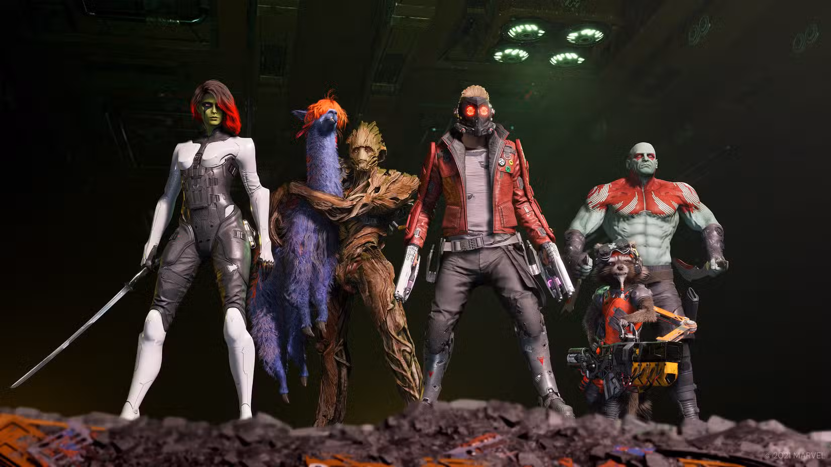 A programação completa dos Guardiões da Galáxia do jogo, mostrando Star-Lord, Drax, Gamora, Groot e Rocket. E uma lhama sendo embalada por Groot.
