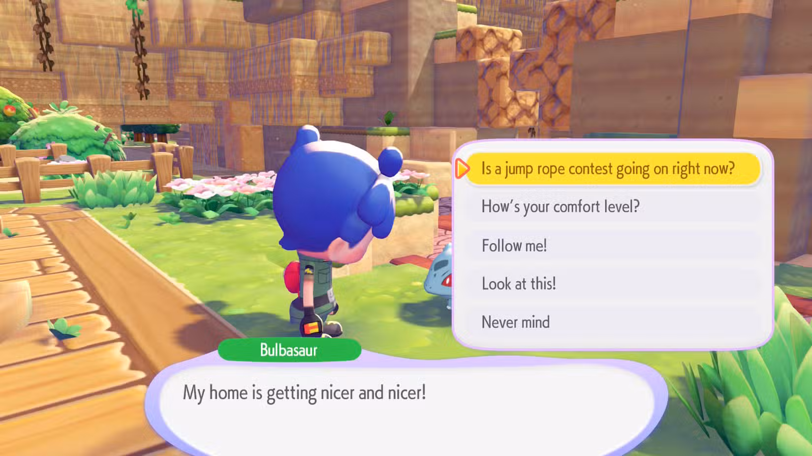 Uma captura de tela do Pokémon Pokopia mostrando Ditto conversando com Bulbasaur para iniciar o concurso de pular corda