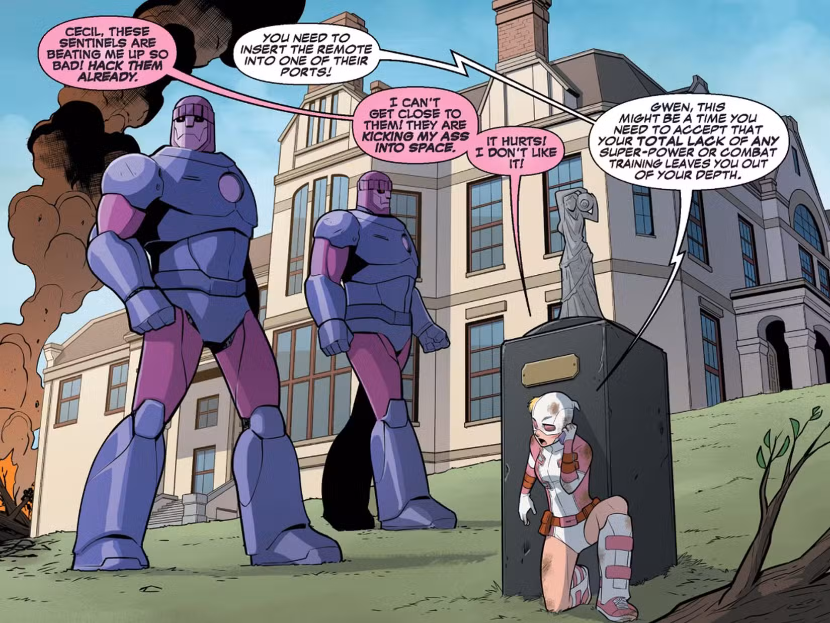 Gwenpool se esconde de um grupo de sentinelas no inacreditável Gwenpool 1