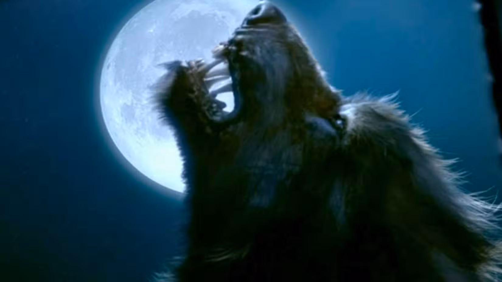 Uma imagem apresentando um close de um lobisomem uivando para uma lua branca brilhante.