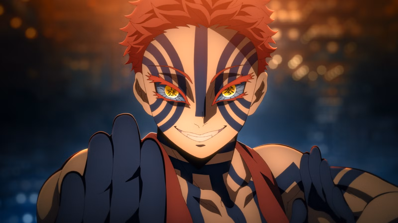 Um close de Akaza no Demon Slayer Infinity Castle