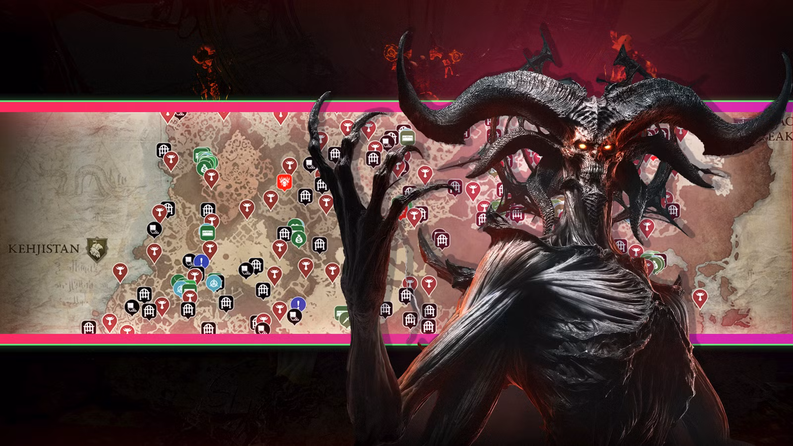 Um demônio levanta a mão na frente de um mapa de Diablo 4