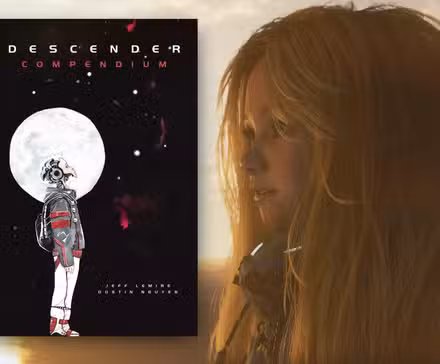 Um banner que mostra a capa do Descender e uma captura de tela do Pragmata