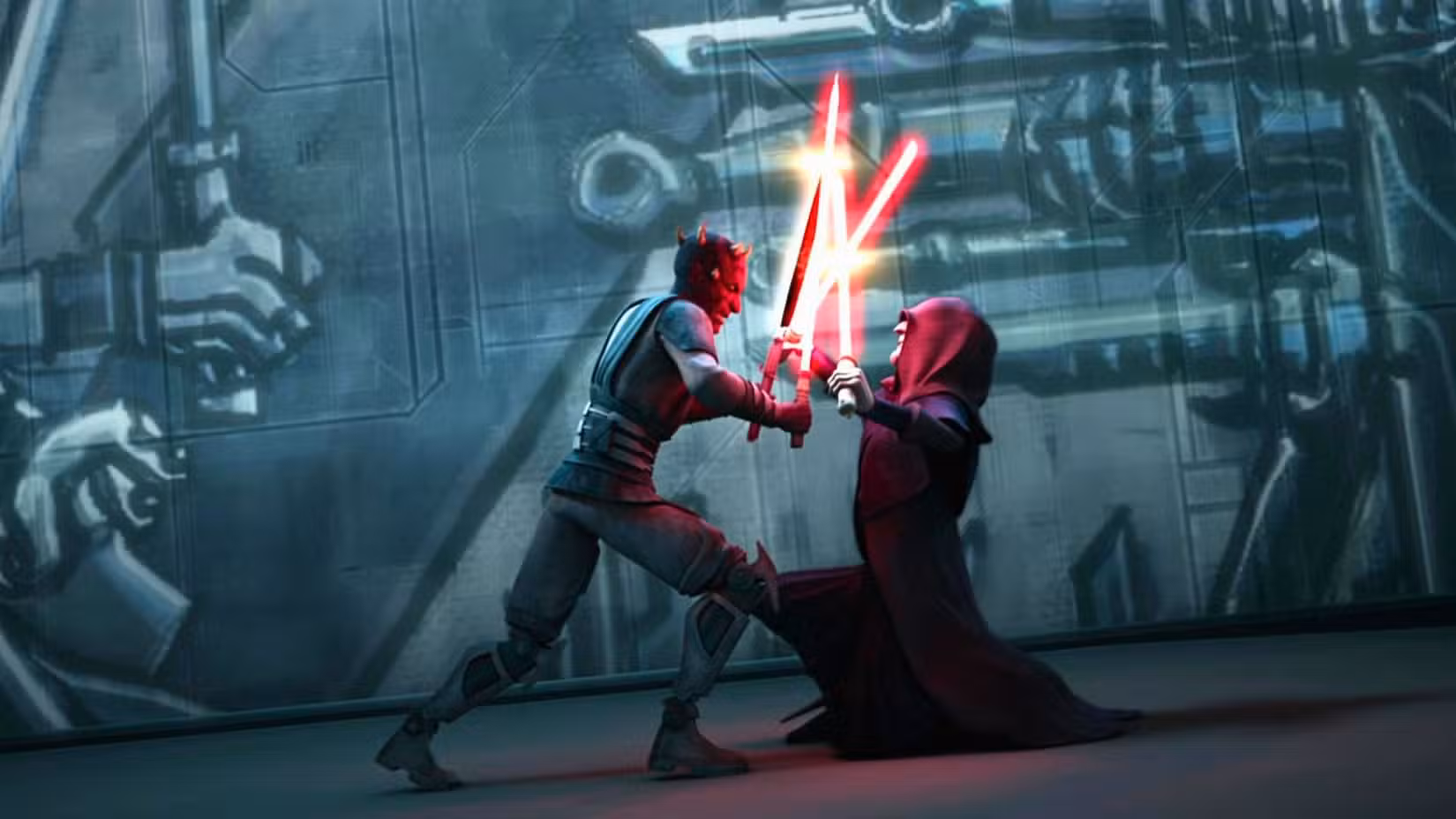 Sidious, um homem com uma capa escura que cobre seu rosto, luta contra Maul, um alienígena de pele vermelha Zabrak. Os dois possuem sabres de luz ou, no caso de Maul, um sabre escuro.
