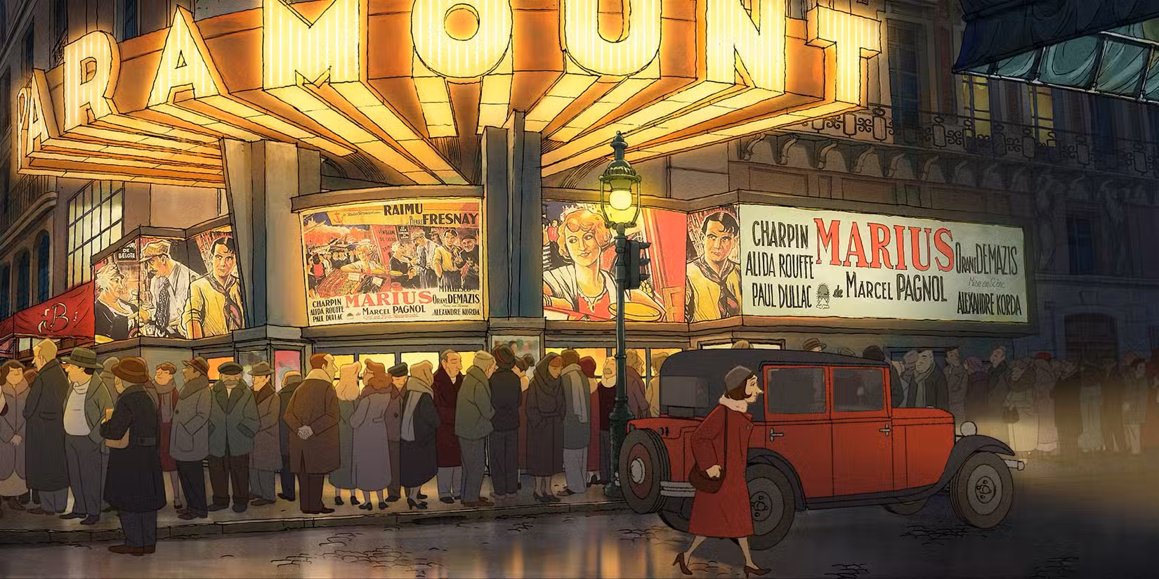 Uma grande multidão faz fila do lado de fora de um teatro para ver Marius, de Marcel Pagnol, no filme de animação Uma Vida Magnífica