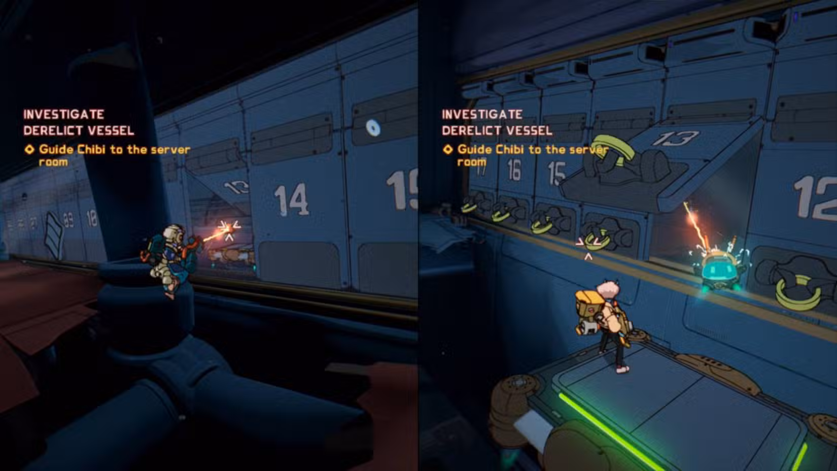 Um jogador em Orbitals dispara um laser para carregar Chibi enquanto o outro jogador abre painéis na lateral de uma grande nave espacial.