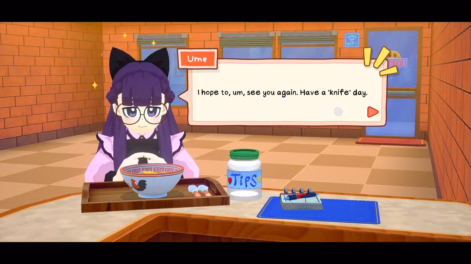 Ume usando facas como figuras de linguagem em KuloNiku Bowl Up