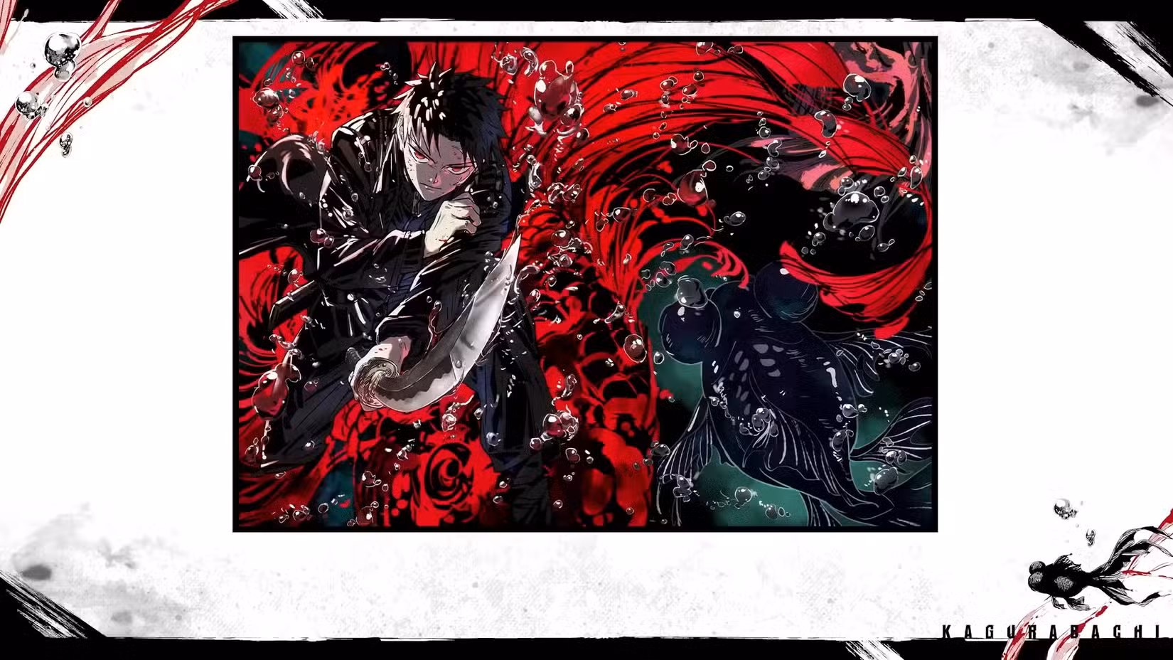 Teaser visual de Kagurabachi com Chihiro na frente e no centro com alguns peixinhos dourados ao seu redor