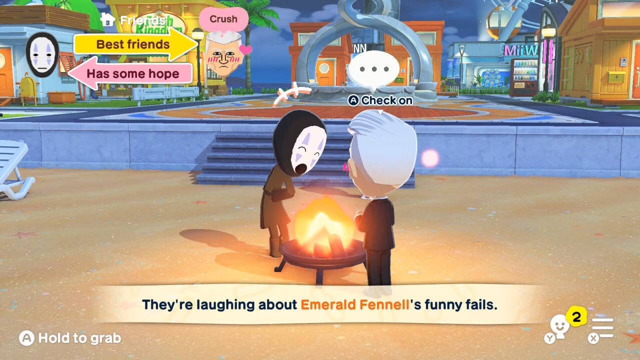 David Lynch e No Face Miis conversam perto de uma fogueira em Tomodachi Life: Living the Dream.