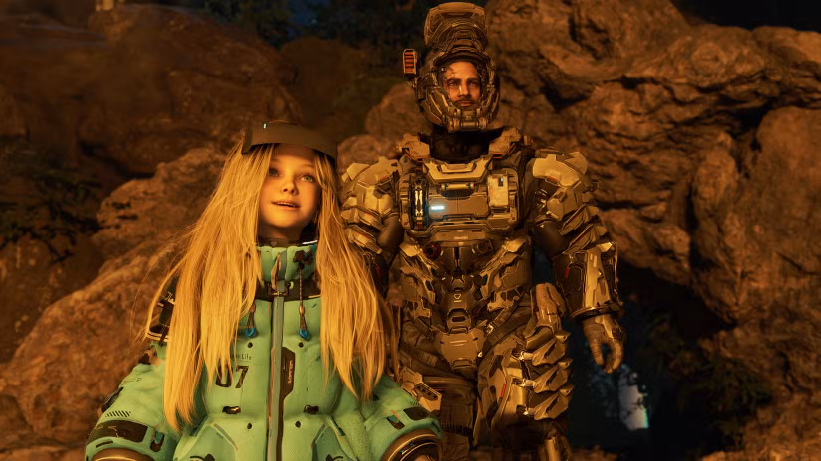 Hugh e Diana estão em uma praia em Pragmata.