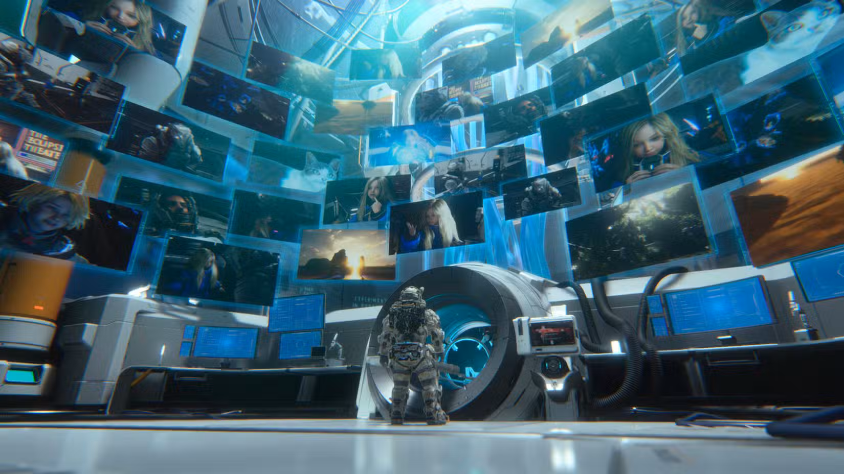 Astronauta Hugh olhando todas as memórias da andróide Diana em uma captura de tela do Pragmata